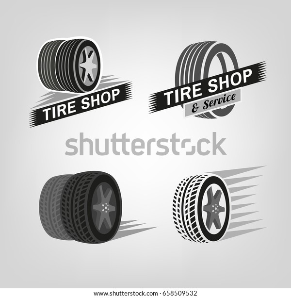 Car tire icons set in grey colours useful for\
icon and logotype design. Beautiful vector illustration in\
realistic graphic style. Transportation automotive concept. Digital\
pictogram collection.
