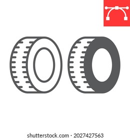 Car tire line and glyph icon, recycle and car wheel, rubber waste vector icon, vector graphics, editable stroke outline sign, eps 10