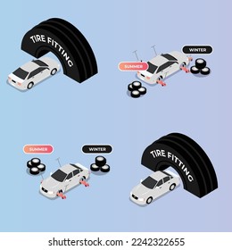 car tire at maintenance station isometric 3d vector illustration concept for banner, website, illustration, landing page, flyer, etc.