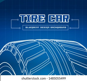 Car tire with tire marks on a blue background. Vector blueprint design illustration