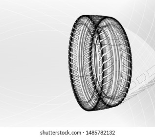 Car tire with tire marks on a light grey background. Vector blueprint design illustration
