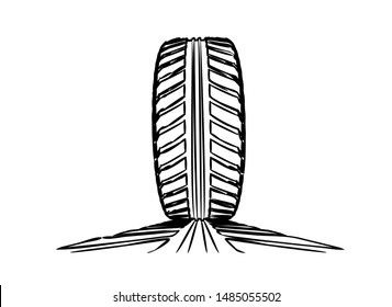 Car tire with tire marks on a white background. Vector stylized illustration for hand-drawn