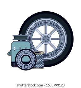 car tire and motor parts over white background, vector illustration