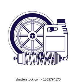 car tire with oil bottle and shock absorber over white background, flat design, vector illustration