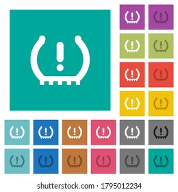 Car tire pressure warning indicator multi colored flat icons on plain square backgrounds. Included white and darker icon variations for hover or active effects.