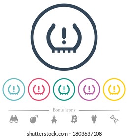 Car tire pressure warning indicator flat color icons in round outlines. 6 bonus icons included.