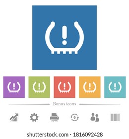 Car tire pressure warning indicator flat white icons in square backgrounds. 6 bonus icons included.