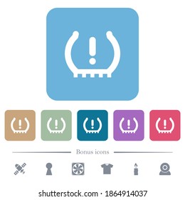 Car tire pressure warning indicator white flat icons on color rounded square backgrounds. 6 bonus icons included