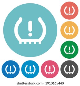 Car tire pressure warning indicator flat white icons on round color backgrounds