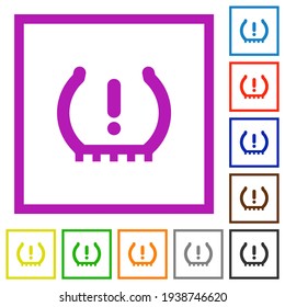 Car tire pressure warning indicator flat color icons in square frames on white background