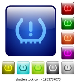 Car tire pressure warning indicator icons in rounded square color glossy button set