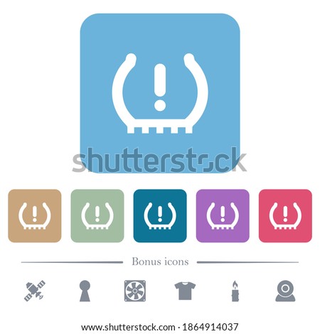 Car tire pressure warning indicator white flat icons on color rounded square backgrounds. 6 bonus icons included