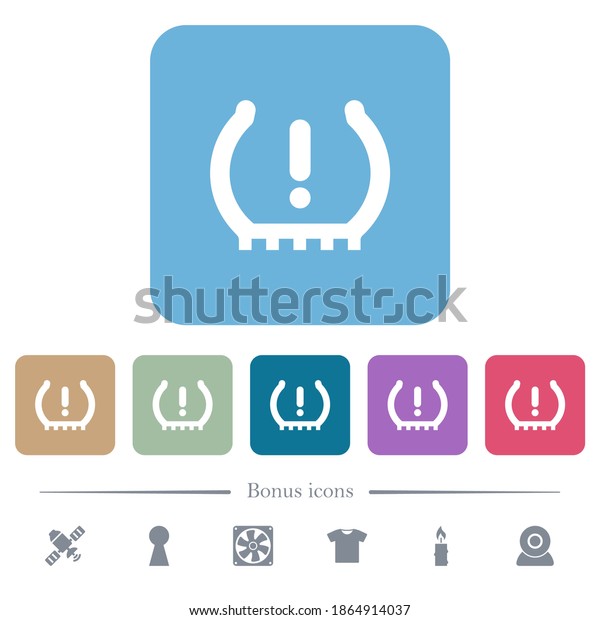 Car tire\
pressure warning indicator white flat icons on color rounded square\
backgrounds. 6 bonus icons\
included
