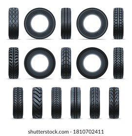 Car tire. Realistic black car tire rubber front and side view vector set isolated on white background. Automotive tyre fitting service or wheel repair workshop auto consumable assortment illustration