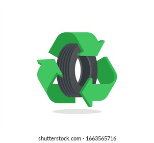 Car tire recycle concept. Green recycle symbol with tyre. Vector illustration in flat / catroon style.