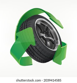 Car tire recycle concept. Green recycle symbol with tyre. Ecology Protect Concept. Eco friendly tire for car. Icon wheel.