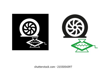 Icono de desmontaje del coche y del neumático. Icono de neumático en explosión. Silhouette y logotipo original lineal. Icono de signo de estilo de contorno simple. Ilustración vectorial aislada en fondo blanco. EPS 10