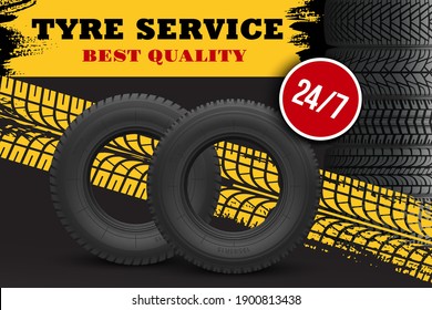 Car Tire Repair And Replacement Service Banner. Automobile New Road Tires, Truck Rubber Tyres And Wheel Protector Trails 3d Realistic Vector. Vehicles Tyres Shop Or Store, Repair Garage Station Poster