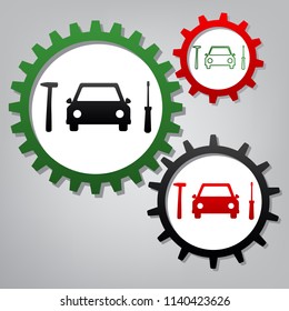 Car tire repair service sign. Vector. Three connected gears with icons at grayish background.