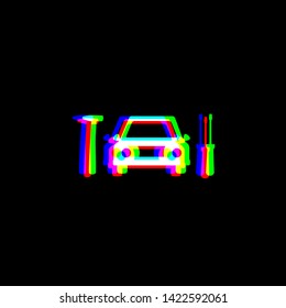 Car tire repair service sign. Red, green and blue unfocused contour icon at black background. Illustration.