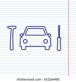 Car Tire Repair Service Sign. Vector. Navy Line Icon On Notebook Paper As Background With Red Line For Field.