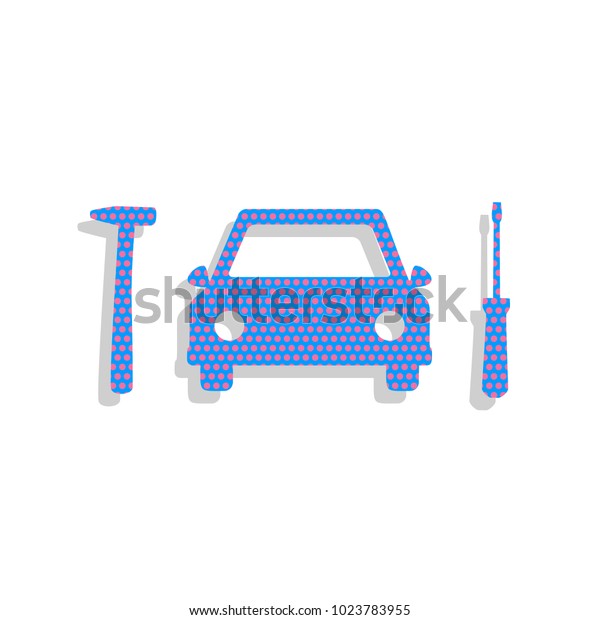Car tire repair service sign. Vector. Neon blue\
icon with cyclamen polka dots pattern with light gray shadow on\
white background.\
Isolated.