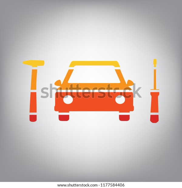 Car tire\
repair service sign. Vector. Horizontally sliced icon with colors\
from sunny gradient in gray\
background.