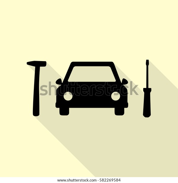 Car tire repair service sign. Black\
icon with flat style shadow path on cream\
background.