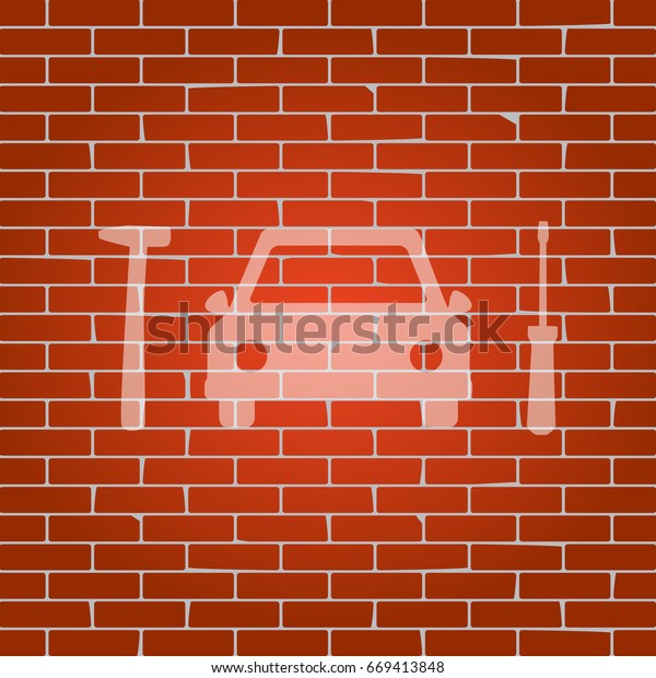 Car tire repair service sign. Vector. Whitish\
icon on brick wall as\
background.