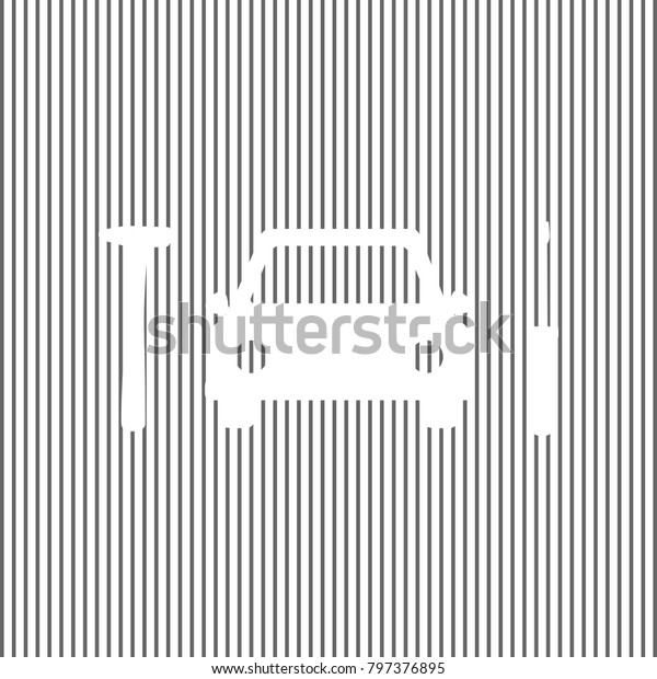 Car tire repair service\
sign. Vector. White icon on grayish striped background. Optical\
illusion.
