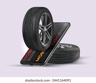 Car tire with rim. Mobile application for selling tires. A stack of tires. White background.