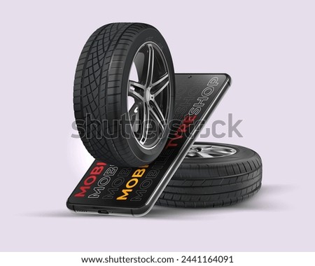 Car tire with rim. Mobile application for selling tires. A stack of tires. White background.