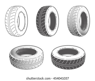 Car tire rubber wheel set of vector illustration service automobile part