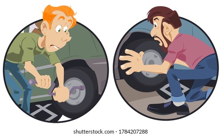 Car tire service. Auto mechanic is replacementing rim. Man changing punctured tyre a passenger car. Stock illustration. 