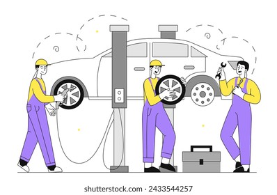 Car tire service doodle. Men in uniform with automobile. Tuning and modernization of transport. Team of repairmen. Simple flat vector illustration isolated on white background