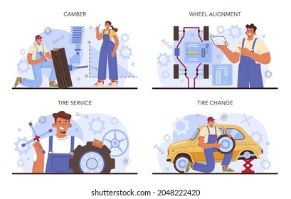 Car tire service set. Worker changing a tire of a car. Camber and alignment diagnostic. Mechanic changing a vehicle's tires. Vector flat illustration