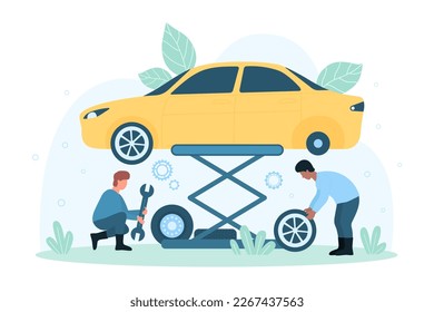 Car tire service vector illustration. Cartoon tiny people from maintenance center change wheel and tyre with mechanic tools, workers characters lift vehicle in garage workshop for car inspection