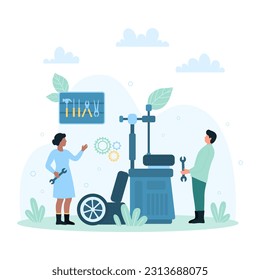 Car tire service vector illustration. Cartoon tiny people assembly or disassembly automobiles wheel with mechanic tools and equipment of auto garage, worker characters replace winter or used tyre