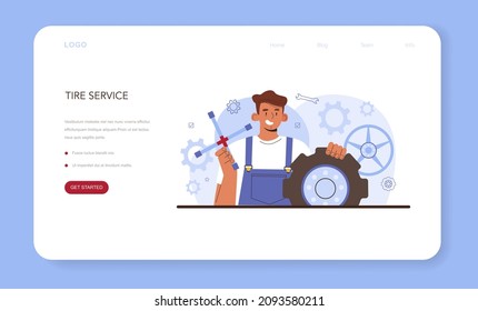 Car tire service web banner or landing page. Worker changing a tire of a car. Camber and alignment diagnostic. Mechanic changing a vehicle's tires. Vector flat illustration