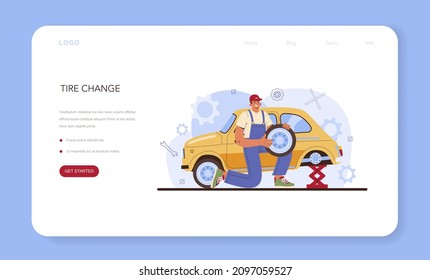 Car tire service web banner or landing page. Worker changing a tire of a car. Camber and alignment diagnostic. Mechanic changing a vehicle's tires. Vector flat illustration