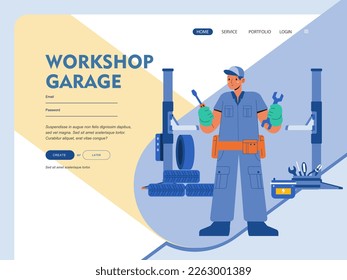 Car tire service web banner or landing page. Worker changing a tire of a car. Camber and alignment diagnostic. Mechanic changing a vehicle's tires