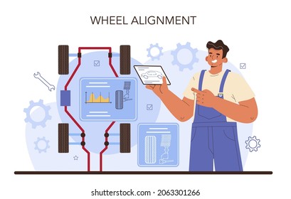 Servicio de neumáticos de coches. Trabajador cambiando un neumático de un auto. Diagnóstico de alineación. Mecánico cambiando los neumáticos de un vehículo. Ilustración plana del vector