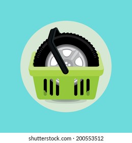 car tire and shopping basket flat design