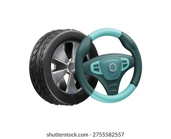 Car Tire and Steering Wheel icon 3d render illustration