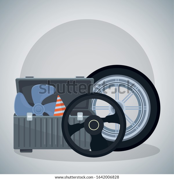 car tire with\
steering wheel and tools box over gray background, colorful design,\
vector illustration