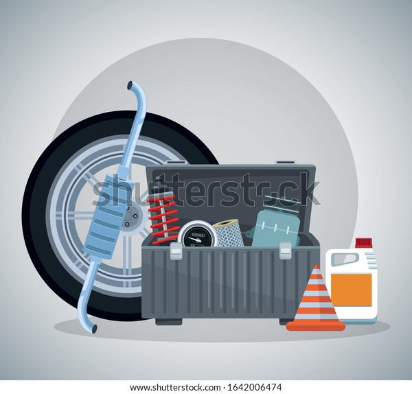 car tire\
with tools box, oil bottle and traffic cone over gray background,\
colorful design, vector\
illustration