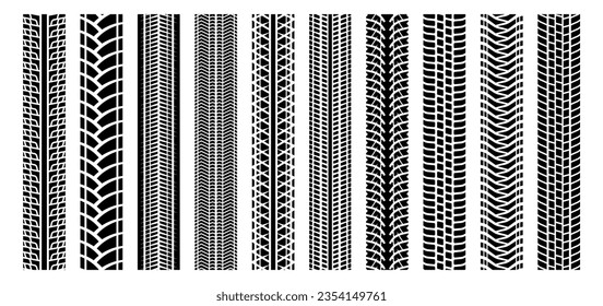 Car tire traces. Rubber car wheel tracks and skidding tire marks. Winter automobile driving rubber tire effect vector set. Motorbike traces, dirty vehicle path imprints isolated collection