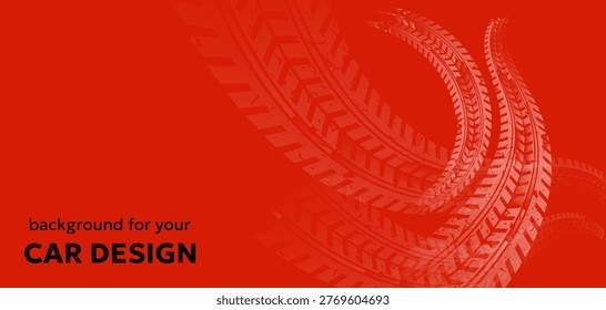 Car tire track background in red. Dynamic curved marks create strong automotive composition