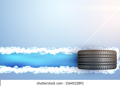Car tire with track trace on snow and ice. Concept illustration with space for your design. Vector Illustration.
