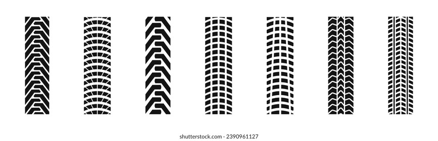 Car tire tracks. Tire tracks silhouettes. Car tire patterns, wheel tyre tread track. Tyre print. Dirty tires tracks